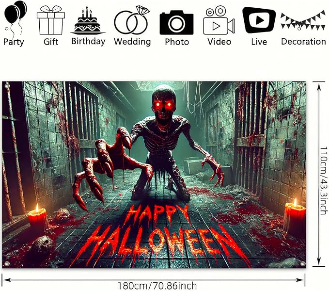 Halloween Horror Backdrop 71x43 Inch Bloody Monster Wall Banner Crawling Skeleton Decoration for Haunted House Scary Prison Hallway Decor Party Indoor Outdoor Display