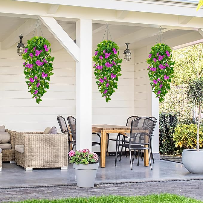 BLEUM CADE Artificial Hanging Flowers for Outdoors, 4pcs Fake Hanging Plants Pothos Vines with Purple Flowers for Wall Home Living Room Indoor Outdoor Decor (No Baskets)