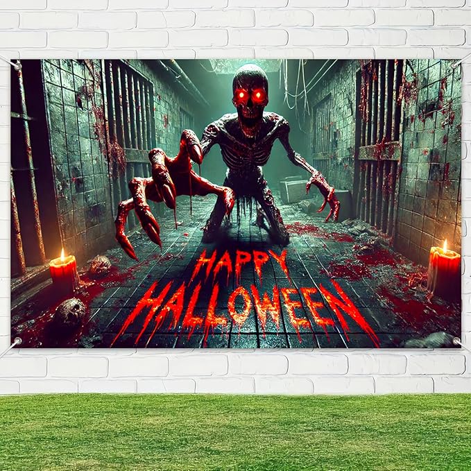 Halloween Horror Backdrop 71x43 Inch Bloody Monster Wall Banner Crawling Skeleton Decoration for Haunted House Scary Prison Hallway Decor Party Indoor Outdoor Display