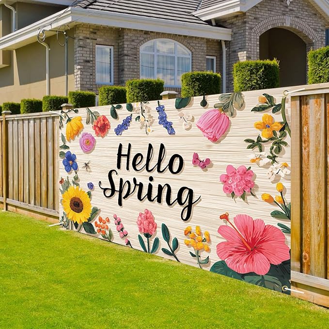 Hello Spring Backdrop 71''x 43'' Hello Spring Banner Flower Butterfly Backdrop Decorations for Photography Background Photo Prop Booth Party Decor