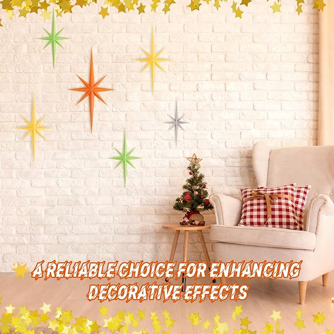 Mid Century Modern Wall Deco,6 Pcs 3D Retro Starburst Art Wall Sculpture, 8 Pointed Atomic Stars Whimsigoth Home Decor Vintage Wall Decor