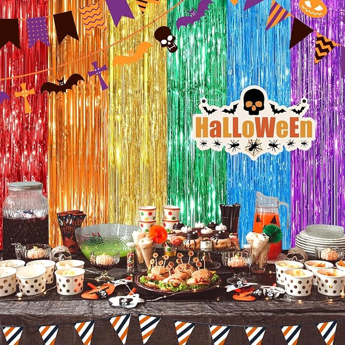 Rainbow Fringe Curtain Party Streamers 4Pack 3.3 x 8.3 Ft Foil Fringe Backdrop Curtains for Birthday Wedding Bridal Baby Shower Holiday Tinsel Streamers Rainbow Party Decorations Door Streamer