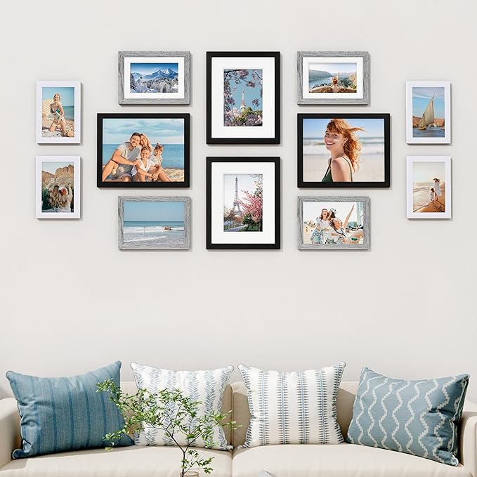 Vittanly 12 Pack Picture Frames Collage Wall Decor for Mounting or Tabletop Display, Gallery Wall Frame Set for Family, Multi Sizes Including 4pcs 8x10, 4pcs 5x7, 4pcs 4x6, Black, Grey and White