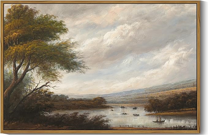 SHENIFY Vintage Landscape Framed Wall Art Riverside Scenery Farmhouse Decor Retro Boat Travel Painting for Hallway Living Room Bedroom Dining Room - 24x36in Natural Framed
