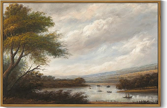 SHENIFY Vintage Landscape Framed Wall Art Riverside Scenery Farmhouse Decor Retro Boat Travel Painting for Hallway Living Room Bedroom Dining Room - 24x36in Natural Framed