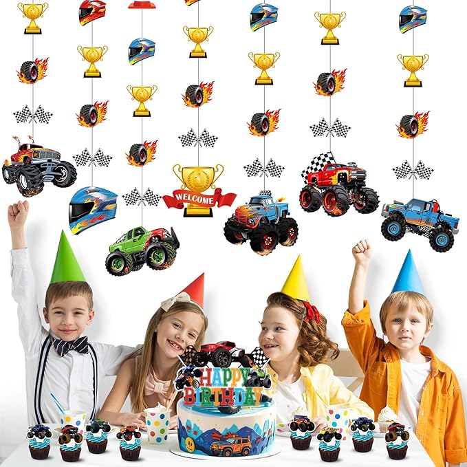 8 Pcs Truck Party Decorations Monster Truck Hanging Garlands Streamer Cutouts Race Car Theme Birthday Banner Backdrop for Boy Car Baby Shower Party Supplies Home Wall Ceiling Decor