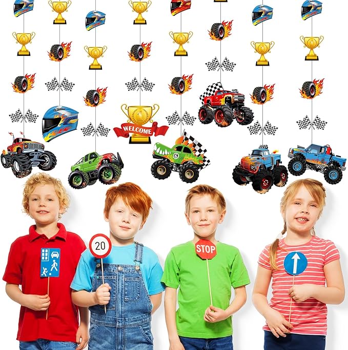 8 Pcs Truck Party Decorations Monster Truck Hanging Garlands Streamer Cutouts Race Car Theme Birthday Banner Backdrop for Boy Car Baby Shower Party Supplies Home Wall Ceiling Decor