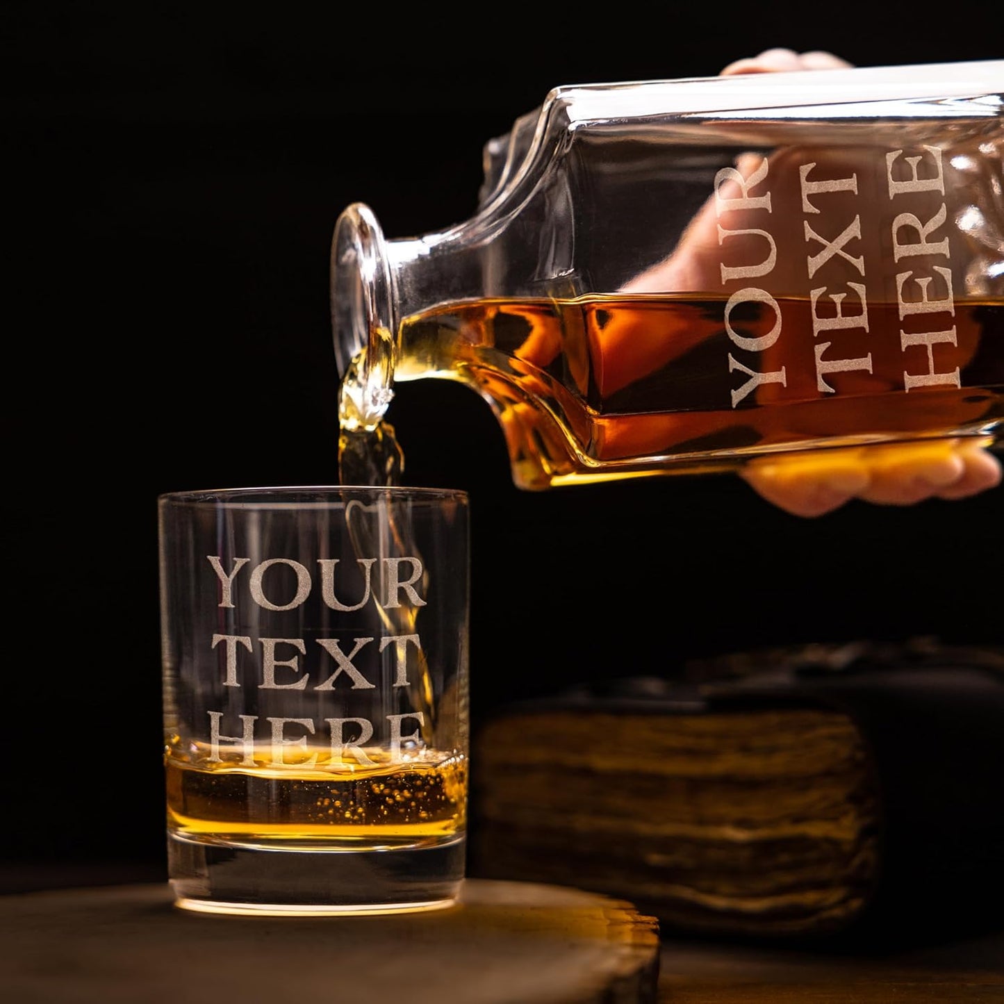 Gifts Inscribed Custom Text Whiskey Decanter & Glasses Set of 2 – Engraved Glass Cups Drinking Glasses Set of 2 – Personalized Whiskey Glasses Drinking Set – Customized Whisky Glassware Gift for Him
