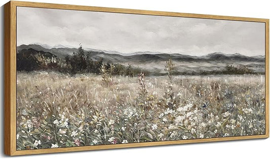 SHENIFY Vintage Framed Wall Art Meadow with Flowers Landscape Painting Retro Scenery Farmhouse Bedroom Living Room Decor - 8x16in Natural Framed
