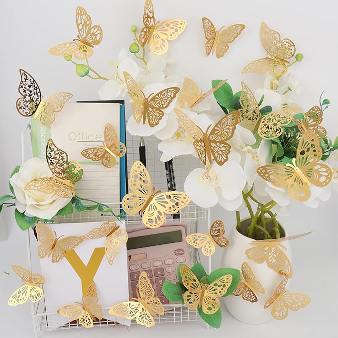 72 Pcs Butterfly Wall Decor, 3 Styles 3 Sizes 3D Gold Butterfly, Wedding Decorations, Birthday Party Decorations, Girls Bedroom Decoration(72 Pcs, Gold)