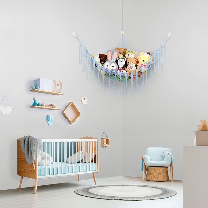 Stuffed Animal Hammock Corner, Hand-knitted Large Plushie Net Toy Hammock with Wooden Rings | Boho Cute Stuff Animal Storage for Nursery & Bedroom | Mesh Kids Toy Organizer Holder Nursery Room Decor