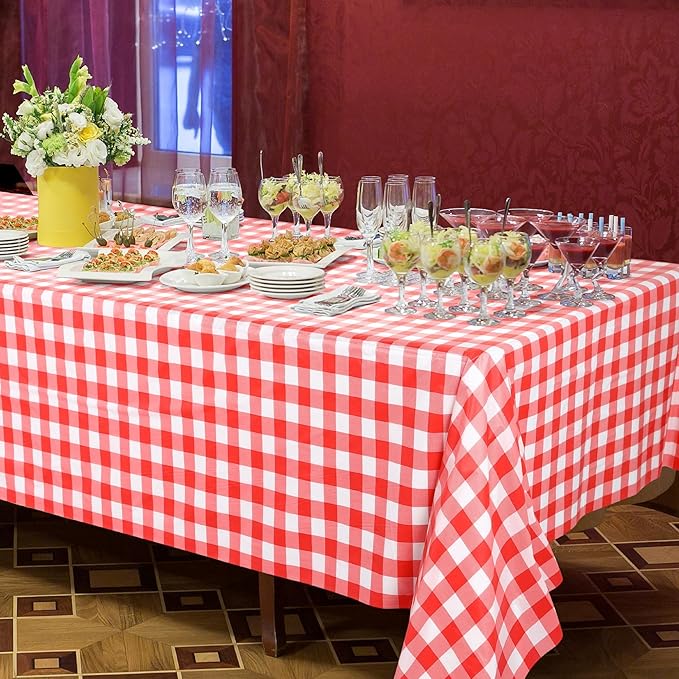 Kochorie 54 Inch x 500 Ft Red Checkered Plastic Table Cloth Roll Disposable Waterproof Table Cover Plastic Table Cover Roll with Easy Slide Cutter for Outdoor Picnic/Home Dining/Summer Party