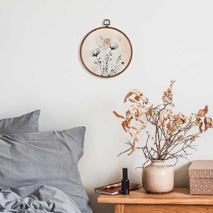 KSDUT Vintage Boho Mid Century Flower Floral Wall Decor Art - Botanical Neutral Wall Art Canvas Frame Hanging Prints, Retro Landscape Wildflower Round Wall Art Decor for Home Decorations 10"x10"
