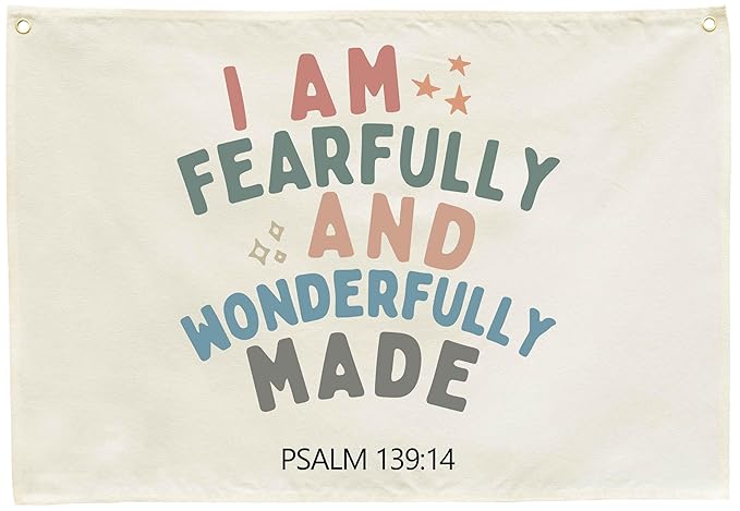 Rectangular Christian Bible Verse Scripture Canvas Banner Wall Decor Flag Sign for Baby Girl Kids,Nursery Bedroom Playroom Nursery Wall Decor,Baby Shower Baptism Christmas Gift-I Am Fearfully