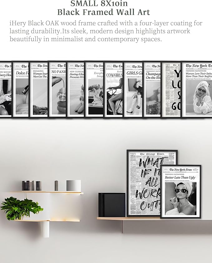 iHery Premium Small 8x10in Natural Black OAK Wood Trendy Every Hour is Happy Hour Framed Wall Art, Retro Aesthetic Posters Canvas Wall Decor For Girly Dorm Bedroom Bathroom Living Room 1Pack