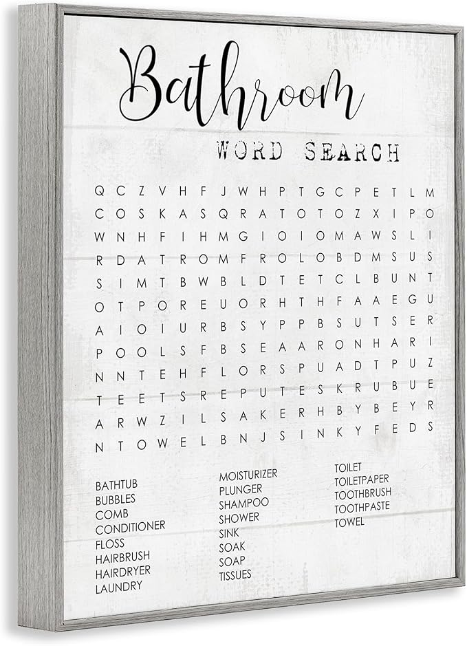 Art Piece 'Bathroom Word Search Family Fun', Framed Giclee Art, Gray, 24 x 30 - Sturdy Block Frame Ready to Hang -Proudly Made In USA (Johnston, RI) - Design By: Lil' Rue
