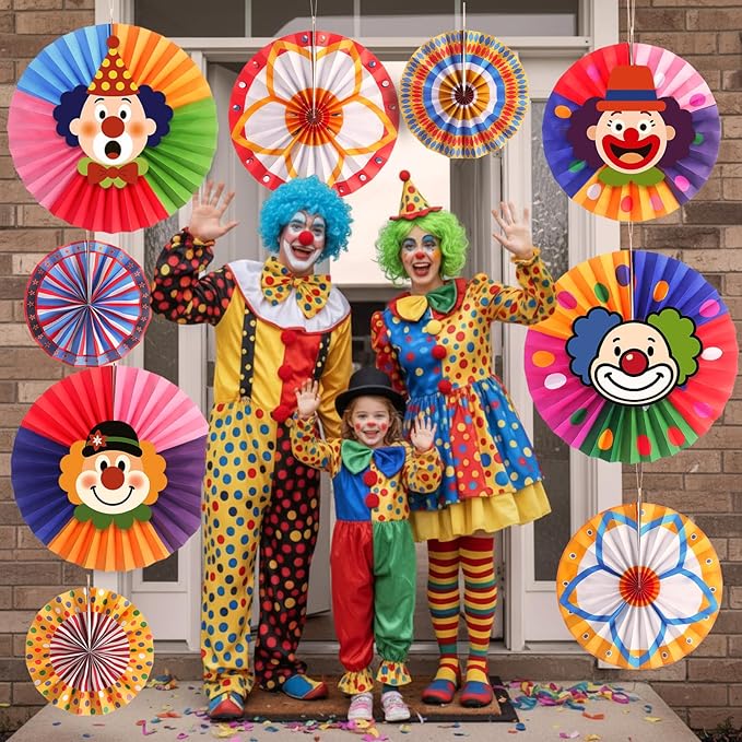 Outus 13 Pcs Carnival Party Decoration Set Hanging Circus Theme Party Ceiling Classroom Decorations with Clown Face Cutouts Carnival Circus Hanging Paper Fans Decor Birthday Favor Supply