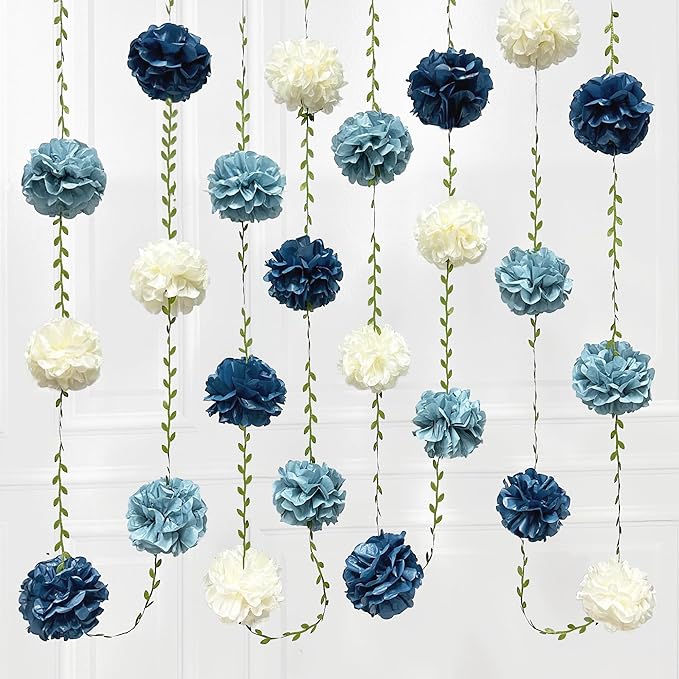 Dusty Blue Party Decorations Dusty Navy Blue Beige Tissue Paper Flowers Pom Pom with Leaf Ribbon Hanging Garland Streamer for Birthday Baby Shower Wedding Graduation Retirement Nautical Party Supplies
