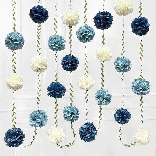 Dusty Blue Party Decorations Dusty Navy Blue Beige Tissue Paper Flowers Pom Pom with Leaf Ribbon Hanging Garland Streamer for Birthday Baby Shower Wedding Graduation Retirement Nautical Party Supplies