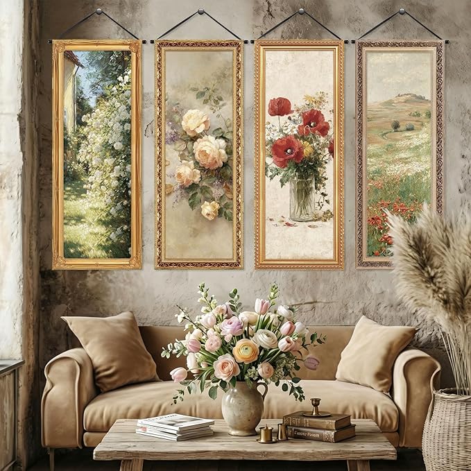 Tiamon 4 Pcs Vintage Floral Spring Wall Art Banner Spring Flower Country French Wall Decoration Nature Wildflower Porch Sign Backdrop for Floral Banner Landscape Farmhouse Indoor Outdoor Hanging Decor