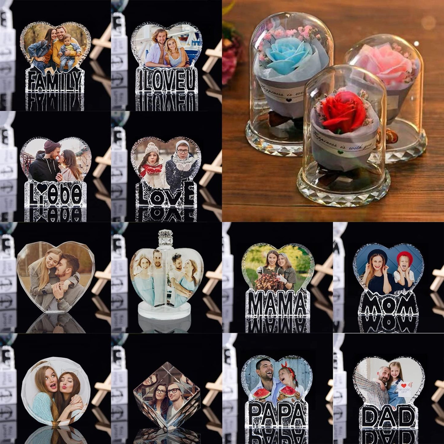 Crystal Print with Your Photo, Heart-Shaped Love Photo Custom Night Light Personalized Lamp with Bluetooth Rose Audio, Crystal Photo Frame Best Gift for Couple Love Women Men Wedding Christmas