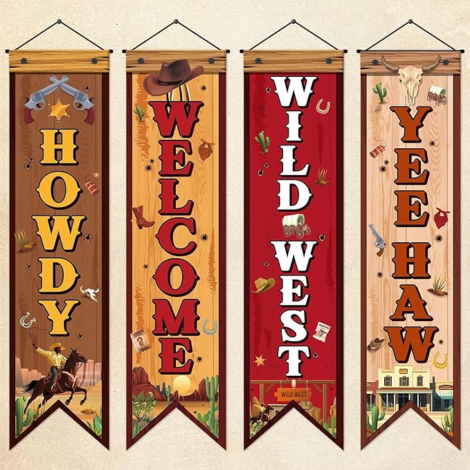 4 Pcs Western Cowboy Party Decorations Wild West Banner Howdy Yes Haw Welcome Hanging Decor Rustic Western Porch Sign Cowboy Rodeo Door Decorations for Bar Birthday Photo Props Vintage Party Supplies