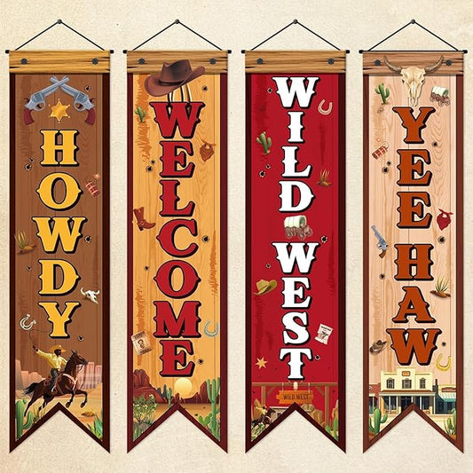 4 Pcs Western Cowboy Party Decorations Wild West Banner Howdy Yes Haw Welcome Hanging Decor Rustic Western Porch Sign Cowboy Rodeo Door Decorations for Bar Birthday Photo Props Vintage Party Supplies