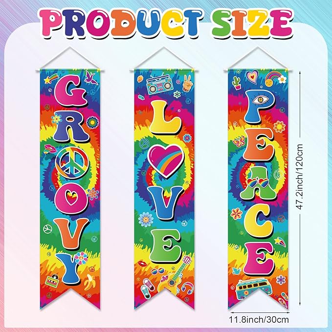 3 Pieces 60s Party Decorations Groovy Love Peace Banners Hippie Porch Signs 1960s Hanging Wall Decor for Retro 60s Theme Party Scene Setters Photography Backdrop Decorations Supplies