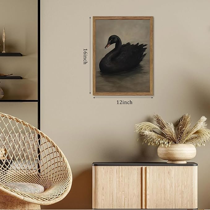 Framed Black Swan Wall Art, Dark Academia Gothic Swan Canvas, Vintage Victorian Animal Pictures Prints, Rustic Farmhouse Wall Decor for Living Room Bedroom Bathroom – 12x16 inch