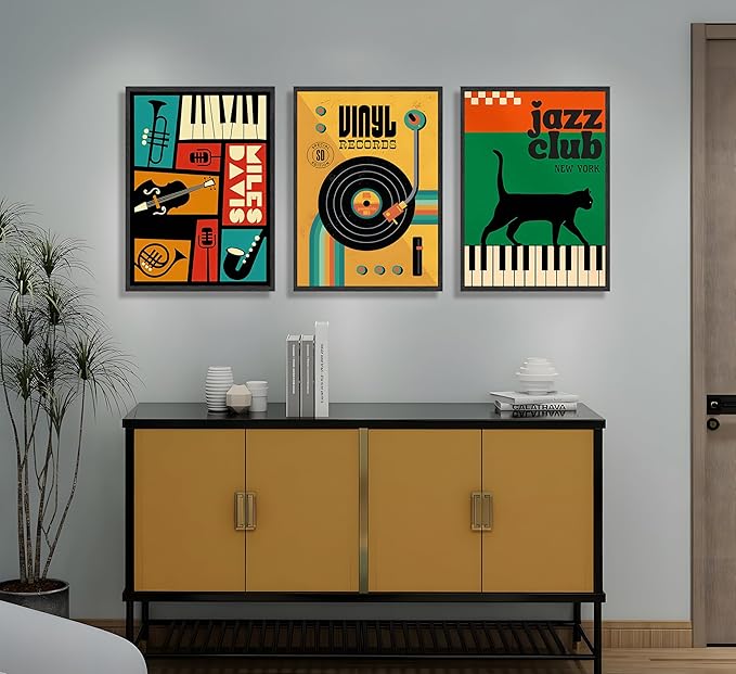 JWDXNOOK 3pcs Retro Jazz Music Wall Art Vintage Vinyl Records Paintings Musical Instruments Black Cat on Piano Canvas Prints Poster for Living Room Bedroom Music Room Decor Unframed
