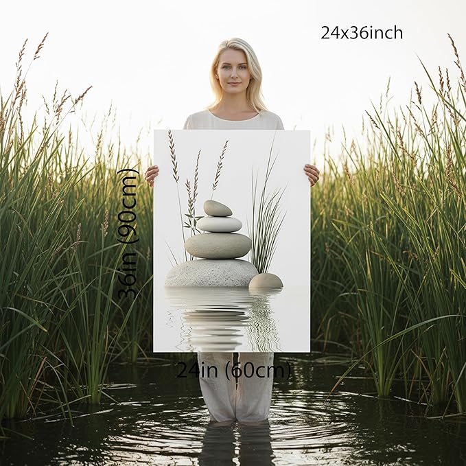 Zen Stone Canvas Wall Art Stacked Stones in Water Poster Print Tranquil Wild Grass Painting Picture for Spa Yoga Meditation Room Bathroom Wall Decor 24x36in Ready to Hang Framed