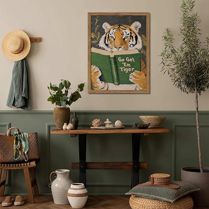 Framed Tiger Canvas Wall Art, Motivational Tigers Reading Poster Print, Humorous Bookworm Pictures Wall Decor, Vintage Go Get Em Tiger Painting for Office Library Bedroom Decor 12x16 inch