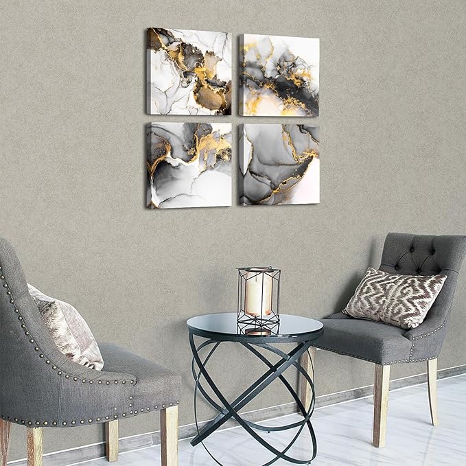 Framed Modern Abstract Black and Gold Canvas Wall Art Fluid Lines Marble Pictures Posters White Grey Minimalist Texture Painting for Living Room Bathroom Bedroom Office Home Decorations 16x16” 4 Pcs