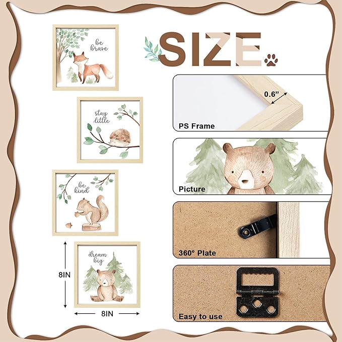 ArtbyHannah Framed Woodland Nursery Wall Decor, 8x8 Inch Cute Baby Safari Wall Art, Green Kids Art Frame with Forest Animals Prints for Playroom Classroom Bathroom Baby Shower Decoration(4 Pack)