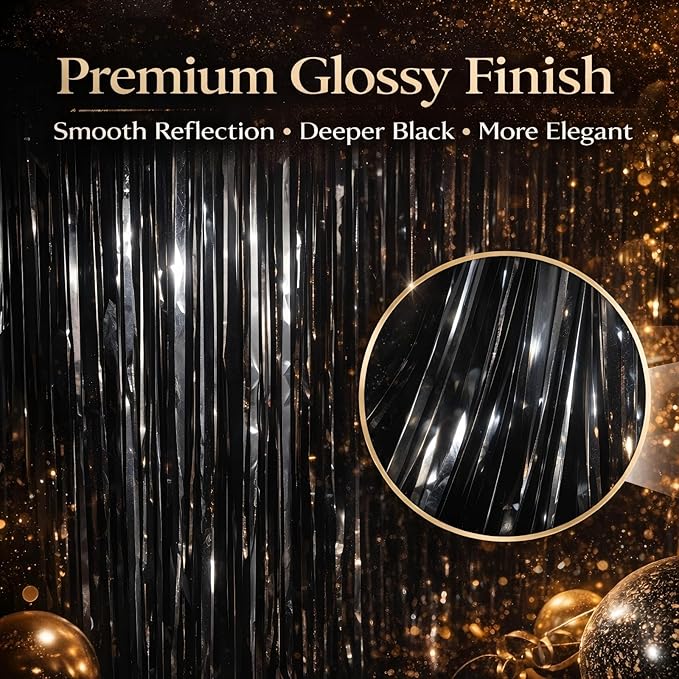 Black Foil Fringe Curtains Party Decorations – 3 Pack 3.2 x 8.2 ft Shiny Black Tinsel Curtain Backdrop for Birthday, Graduation & Photo Booth, Easy to Install