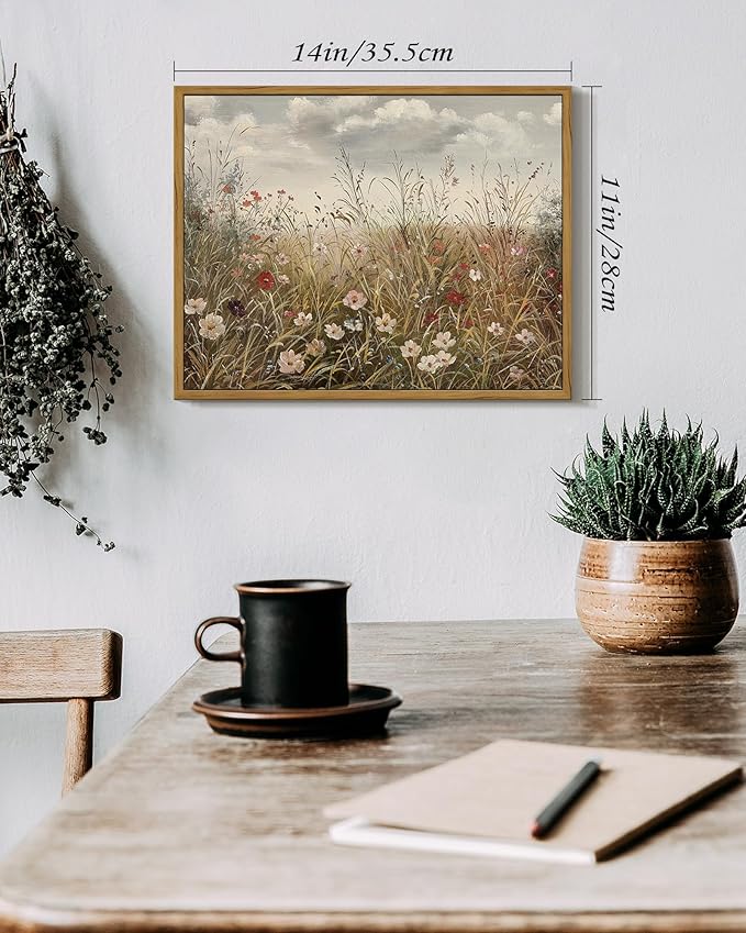 SHENIFY Vintage Landscape Framed Wall Art Meadow with Flowers Farmhouse Decor Retro Wildflower Field Scenery Painting for Kitchen Living Room Bedroom Bathroom - 11x14in Natural Framed