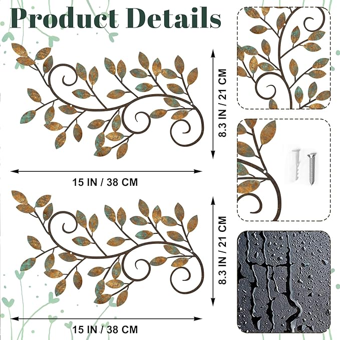 ESTART 2 Pieces Metal Tree Leaf Wall Decor Vine Olive Branch Leaf Wall Art Ornament Wall Hanging Sign for above Door, Living Room, Bathroom, Office, Indoor and Outdoor Decoration (Rusty Color)