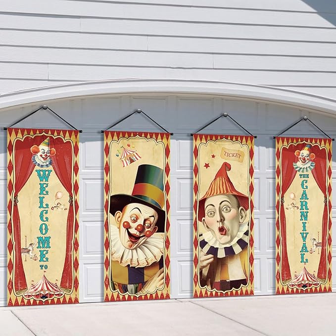 Tiamon 4 Pcs Vintage Christmas Halloween Carnival Porch Banners Retro Santa Clown Stretching Portraits Wall Decorations Gothic Porch Sign Backdrop for Xmas Indoor Outdoor Hanging Decor (Circus)