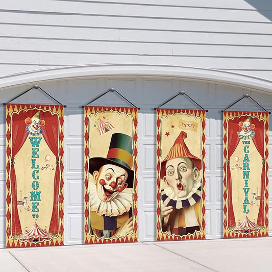 Tiamon 4 Pcs Vintage Christmas Halloween Carnival Porch Banners Retro Santa Clown Stretching Portraits Wall Decorations Gothic Porch Sign Backdrop for Xmas Indoor Outdoor Hanging Decor (Circus)