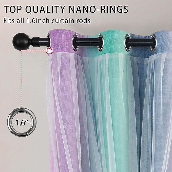 XiDi Purple Grey Green Curtains for Girls Bedroom 84 Inches Long 2 Panels Set, Rainbow Blackout Curtains for Kids Room Decor, Unicorn Wall Decals Drapes for Little Girl Nursery Room 34 Inches Wide