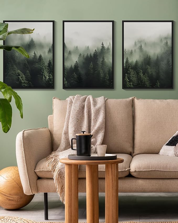 SHENIFY Green Fog Pine Tree Forest Canvas Wall Art 11x14in Framed Nature Modern Artwork Prints Decor - Black Framed
