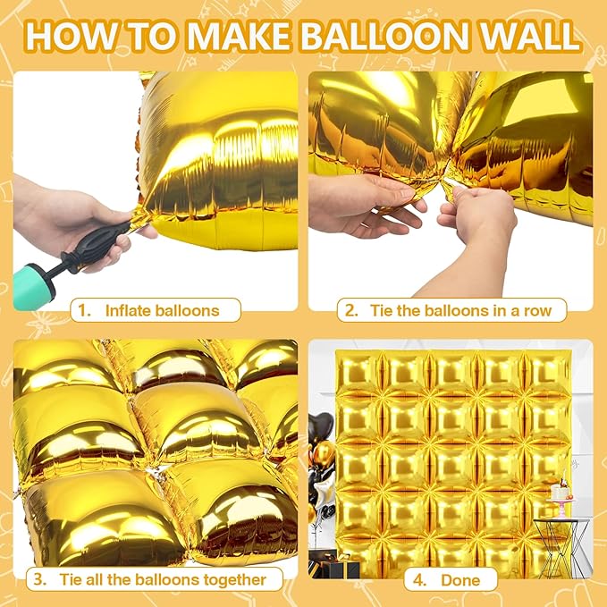NISOCY 25PCS Gold Square Foil Balloons Wall Backdrop Metallic Double Sided Gold Christmas Balloons Tunnel Arch Kit for New Year Birthday Anniversary Graduation Party Decorations