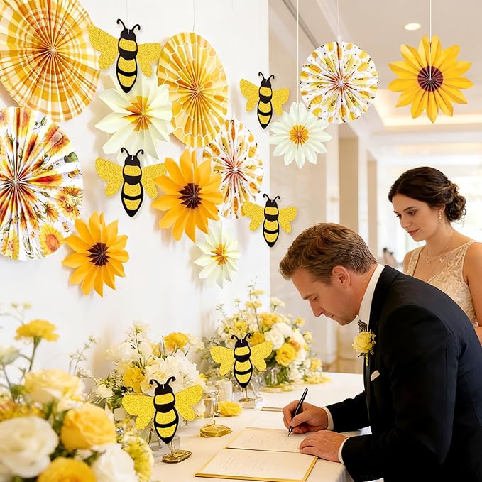 PAPER JAZZ Sunflower Paper Fan,Sunflower Party Decoration Hanging for Wall Sun Flower Paper Garlard with Bumble Bee Baby Shower for Yellow Birthday Party Bulletin Board Classroom