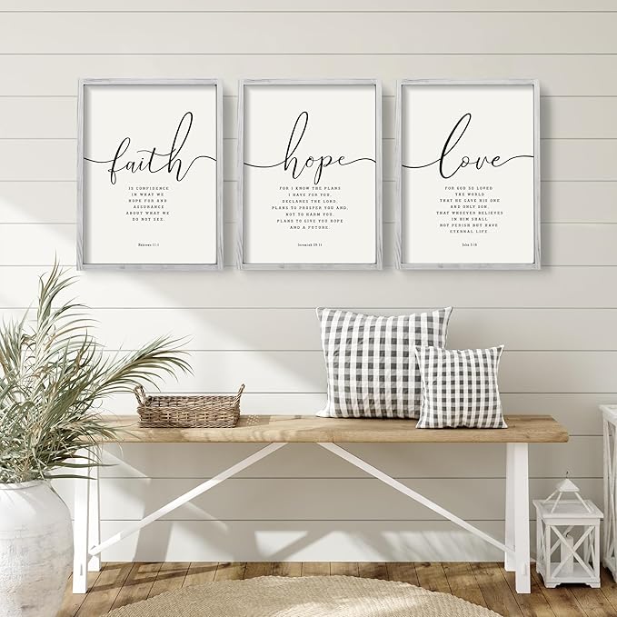 Houmury Set of 3 Framed Farmhouse Bible Verses Wall Decor Sign 11”x14” Christian Faith Scripture Wall Art for Home Living Room Bedroom Wall Decor (11"x14" Grey)