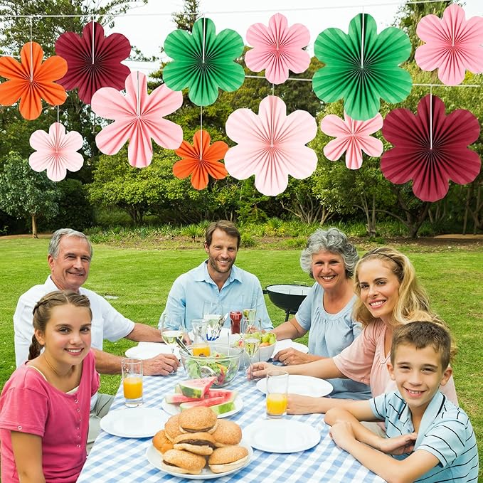 BestoFun 12 PCS Paper Flowers Fans Red Green and Pink Party Decorations Paper Flowers Decorations for Wall Girl Groovy Birthday Baby Shower Wedding Bachelorette Room Hanging Décor