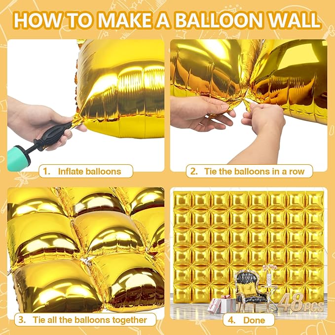 NISOCY 48PCS Gold Square Foil Balloons Wall Backdrop Metallic Double Sided Gold Christmas Balloons Tunnel Arch Kit for New Year Birthday Anniversary Graduation Party Decorations