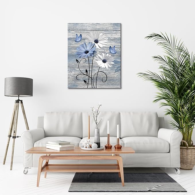 MYUSRE Farmhouse Blue Floral Wall Art for Living Room, Blue and White Daisy Butterfly on Rustic Wood Canvas Wall Art Country Flower Pictures for Bedroom Bathroom Office Wall Decor,10L X 8W inches