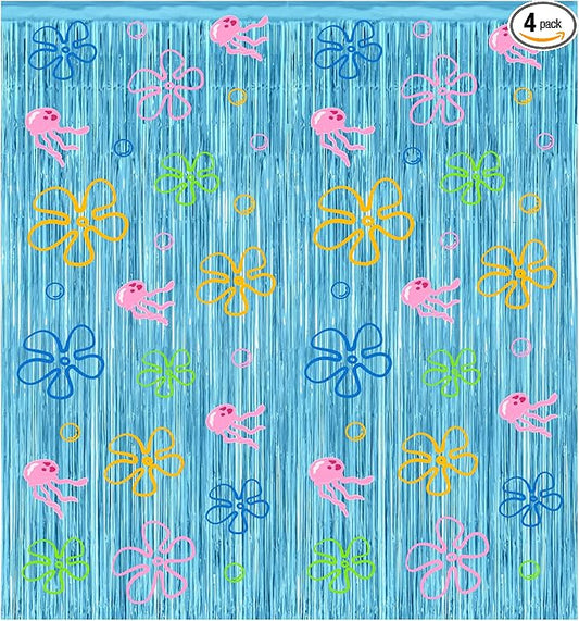 4 Pack Cartoon Sponge Theme Party Decorations 3.2ft X 8.2ft Under the Sea Party Supplies Flowers Bubbles Jellyfish Foil Fringe Photo Backdrop Decor for Birthday Sponge Party Photo Props