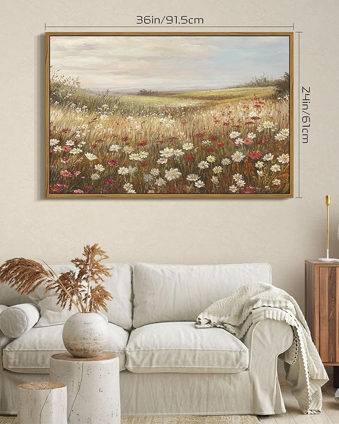 SHENIFY Vintage Framed Wall Art Meadow with Flowers Landscape Scenery Home Decor Retro Wildflower Field Decorations for Farmhouse Bedroom Ready to Hang Wall Artwork - 24x36in Natural Framed