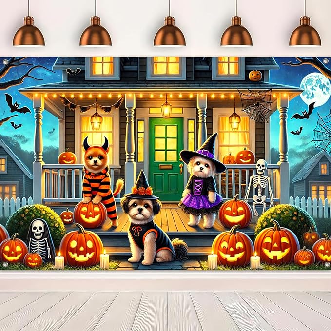 Halloween Dog Backdrop Banner Spooky Puppy Costume with Pumpkins Skeleton Witch Porch Decoration Party Photo Booth Background Scene 71×43 Inch